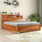 Kunjal Furniture Solid Sheesham Wood King Size Bed with Box - Natural | King