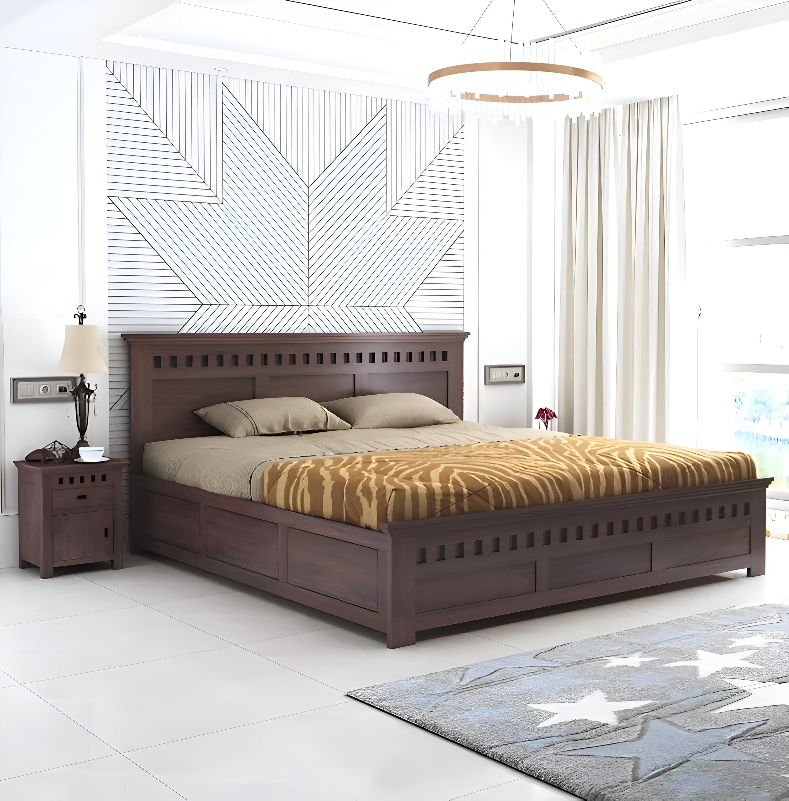 81i5FX7tgL-1.jpg Kunjal Furniture Solid Sheesham Wood Bed with - Flyding Kuber | Walnut | King - Image 1