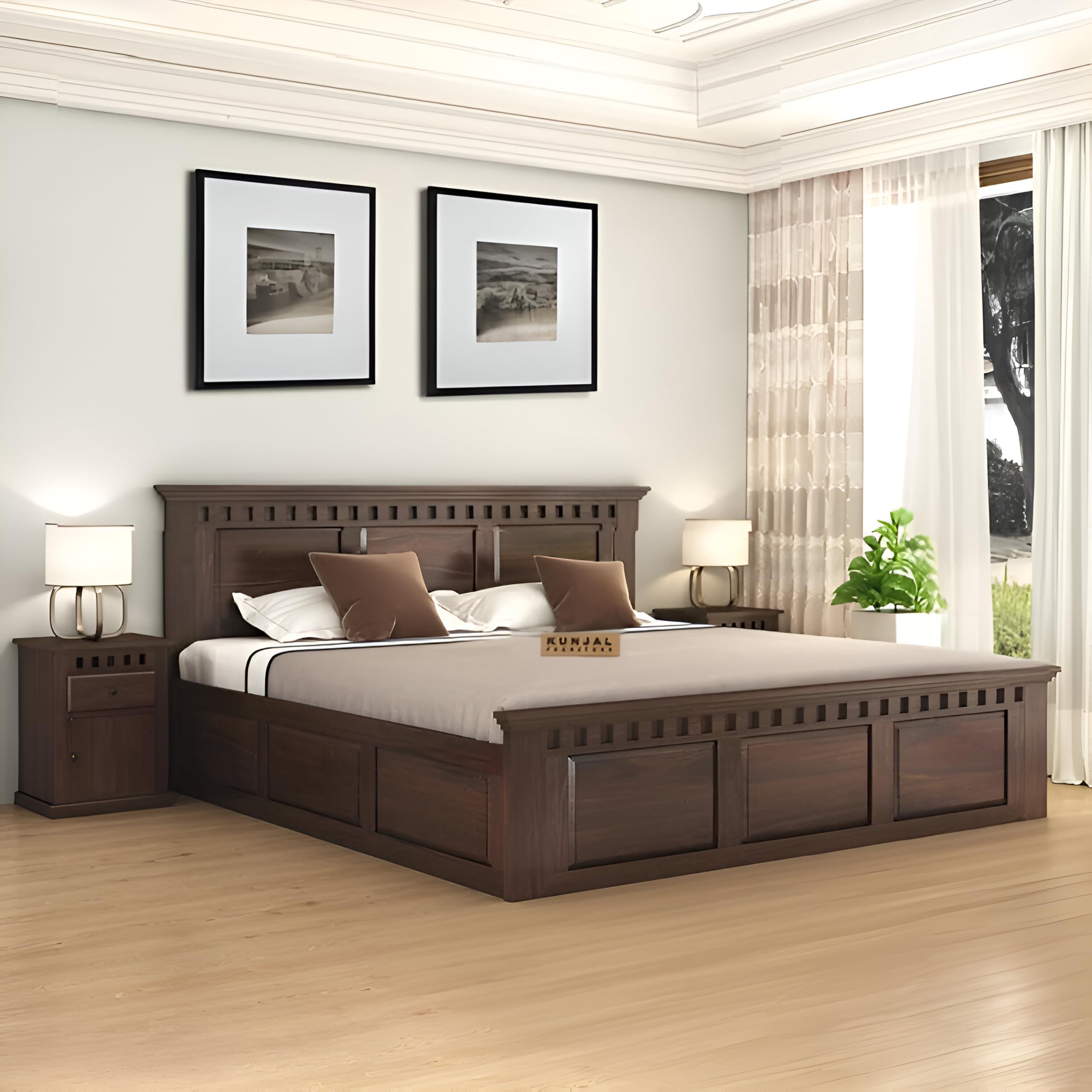 81XY89d3PEL-1.jpg Kunjal Furniture Solid Sheesham Wood Bed with - Flyding Kuber | Walnut | Queen - Image 1