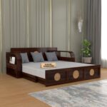 Kunjal Furniture Solid Sheesham Wood Sofa Cum Bed with - Walnut | Round Cane