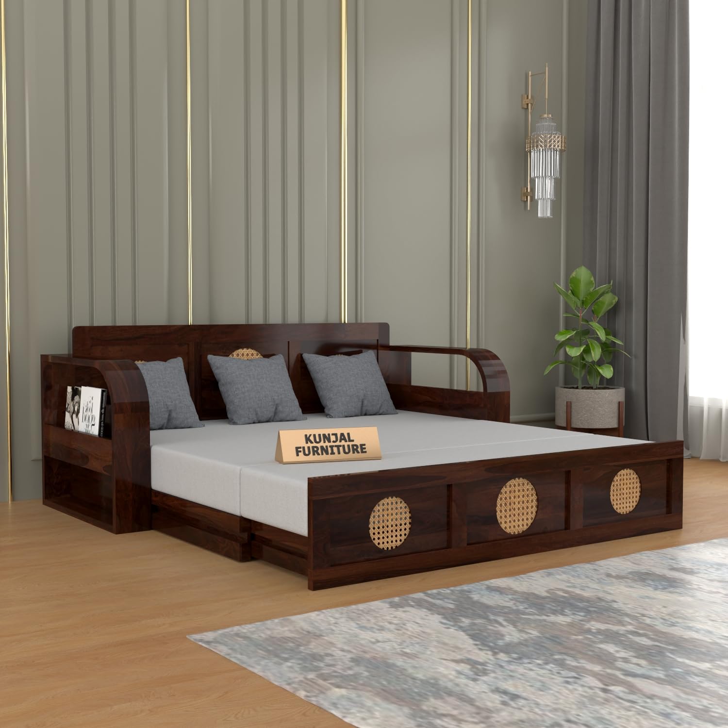 71pZDkfK5JL-1.jpg Kunjal Furniture Solid Sheesham Wood Sofa Cum Bed with - Walnut | Round Cane - Image 1
