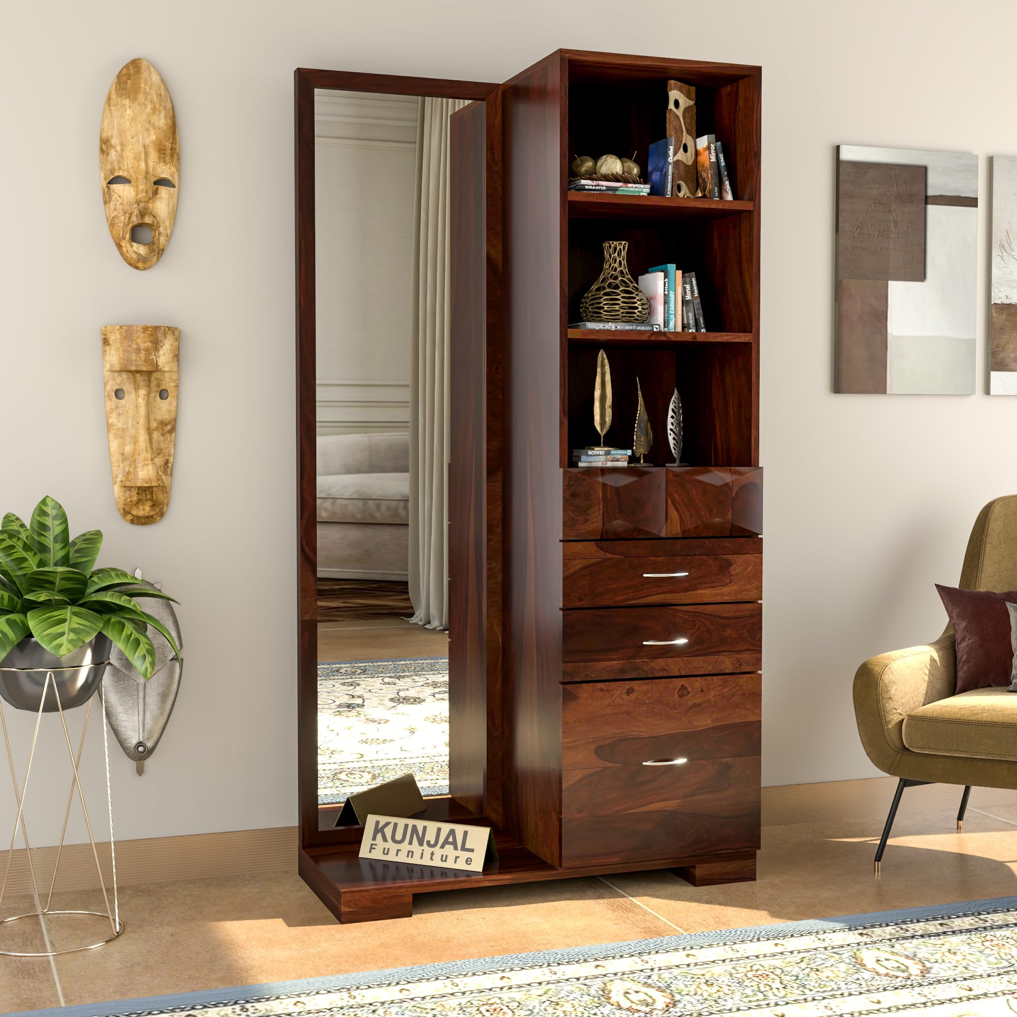81Obx3cndxL.jpg Kunjal Furniture Solid Sheesham Wood Dressing Table - Walnut | Indo-Western - Image 1