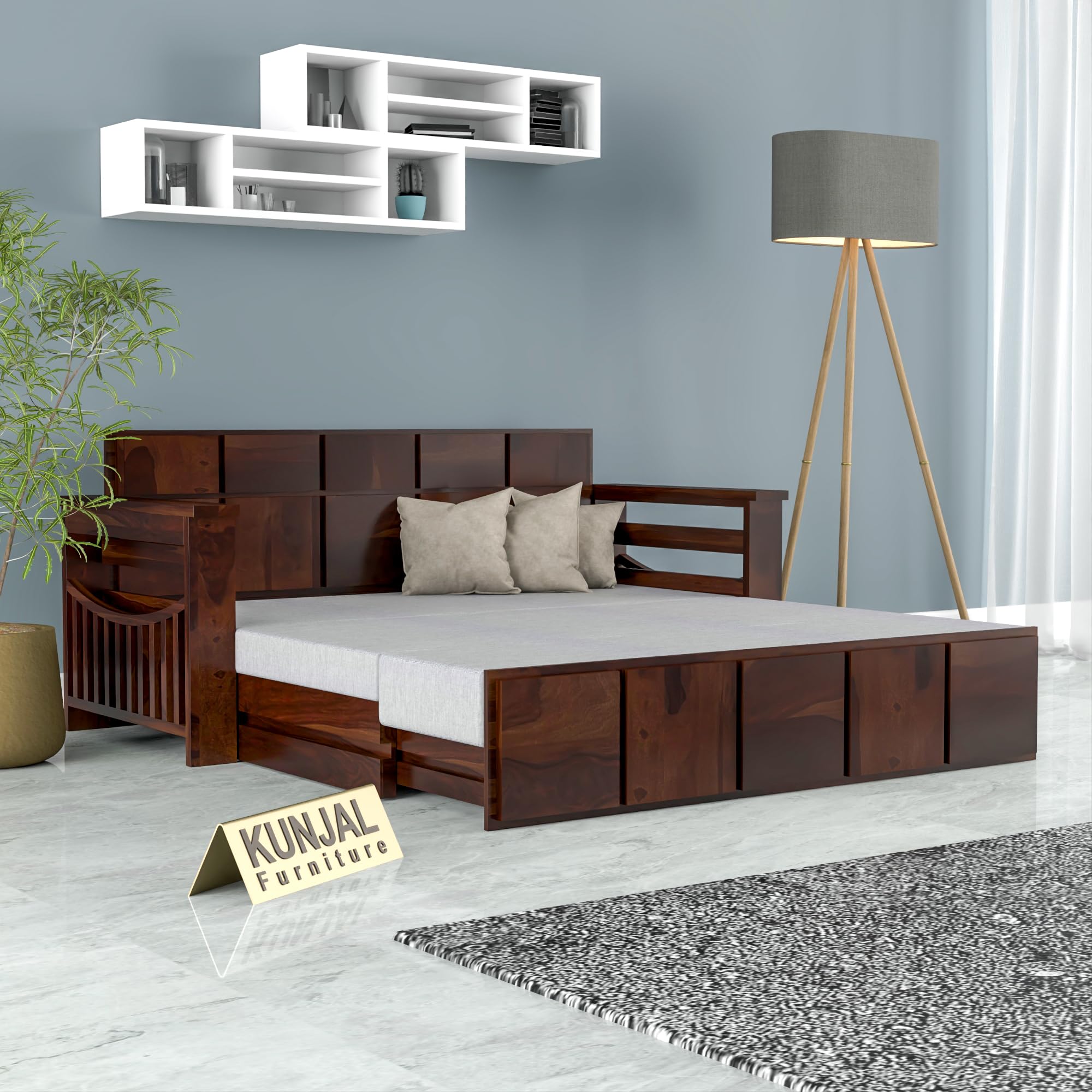 81nRk9zvPKL.jpg Kunjal Furniture Solid Sheesham Wood Sofa Cum Bed with - Walnut | Contemporary - Image 1